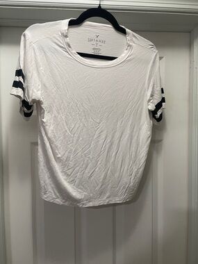 American Eagle Outfitters White Tee with Black Sleeve Stripes